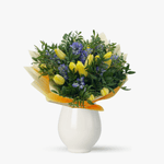 Buchet cu zambile mov si lalele galbene