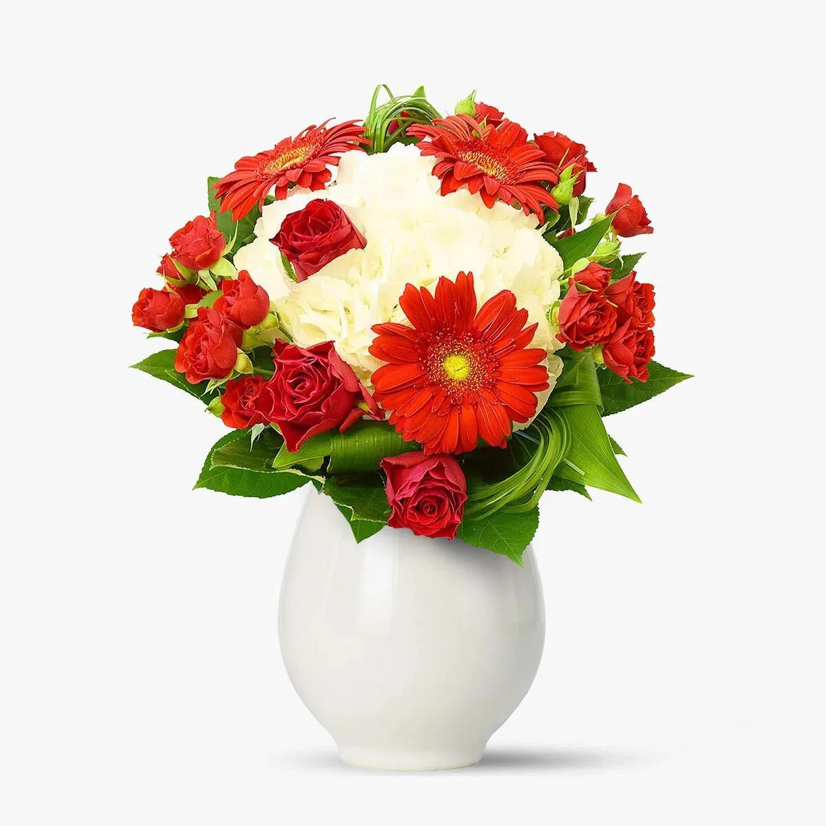 buchet de flori rosii si albe in vaza&nbsp;